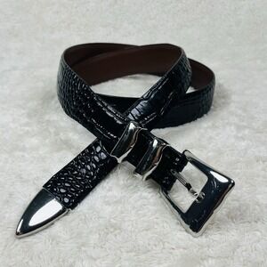 Torino Italian Calfskin Leather Belt Mens 36 Black Embossed Croc Silver Buckle